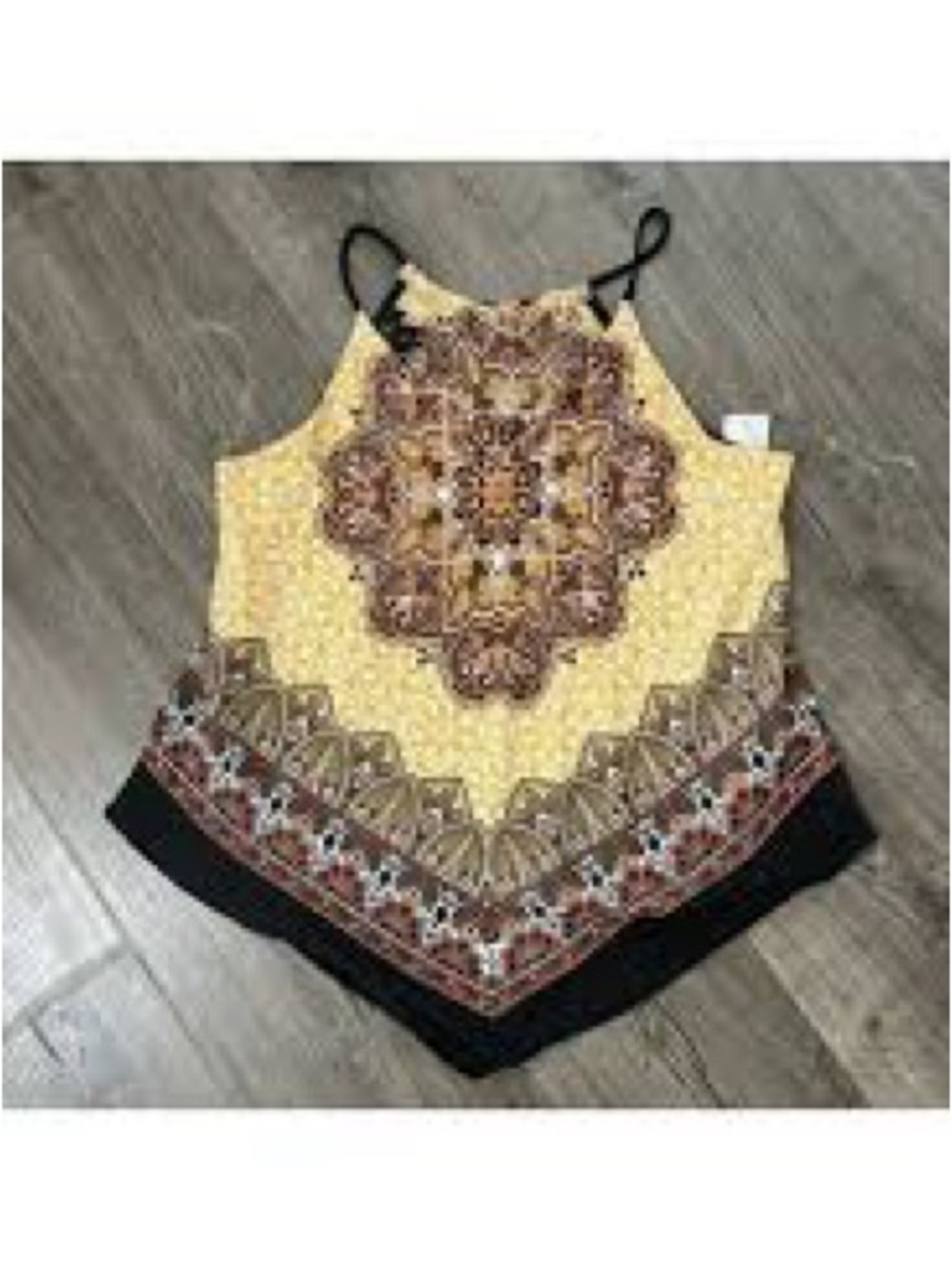 by & by Yellow Medallion Print Tank Top with Black Trim